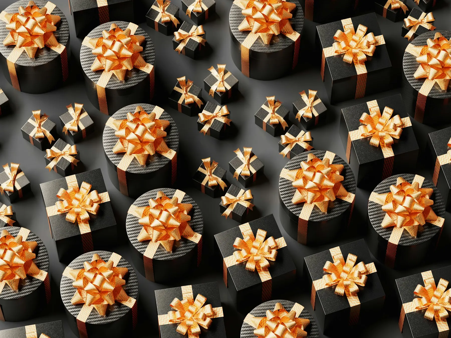 Rows of black gift boxes with gold bows