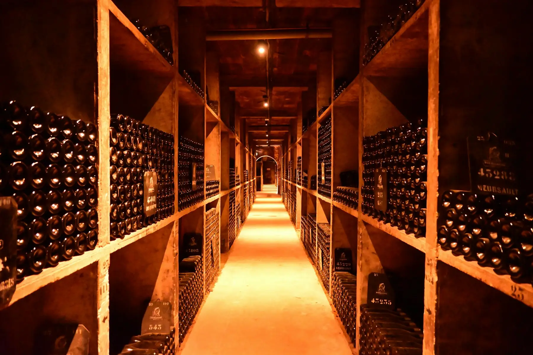 A long, candlelit wine cellar lined with bottles